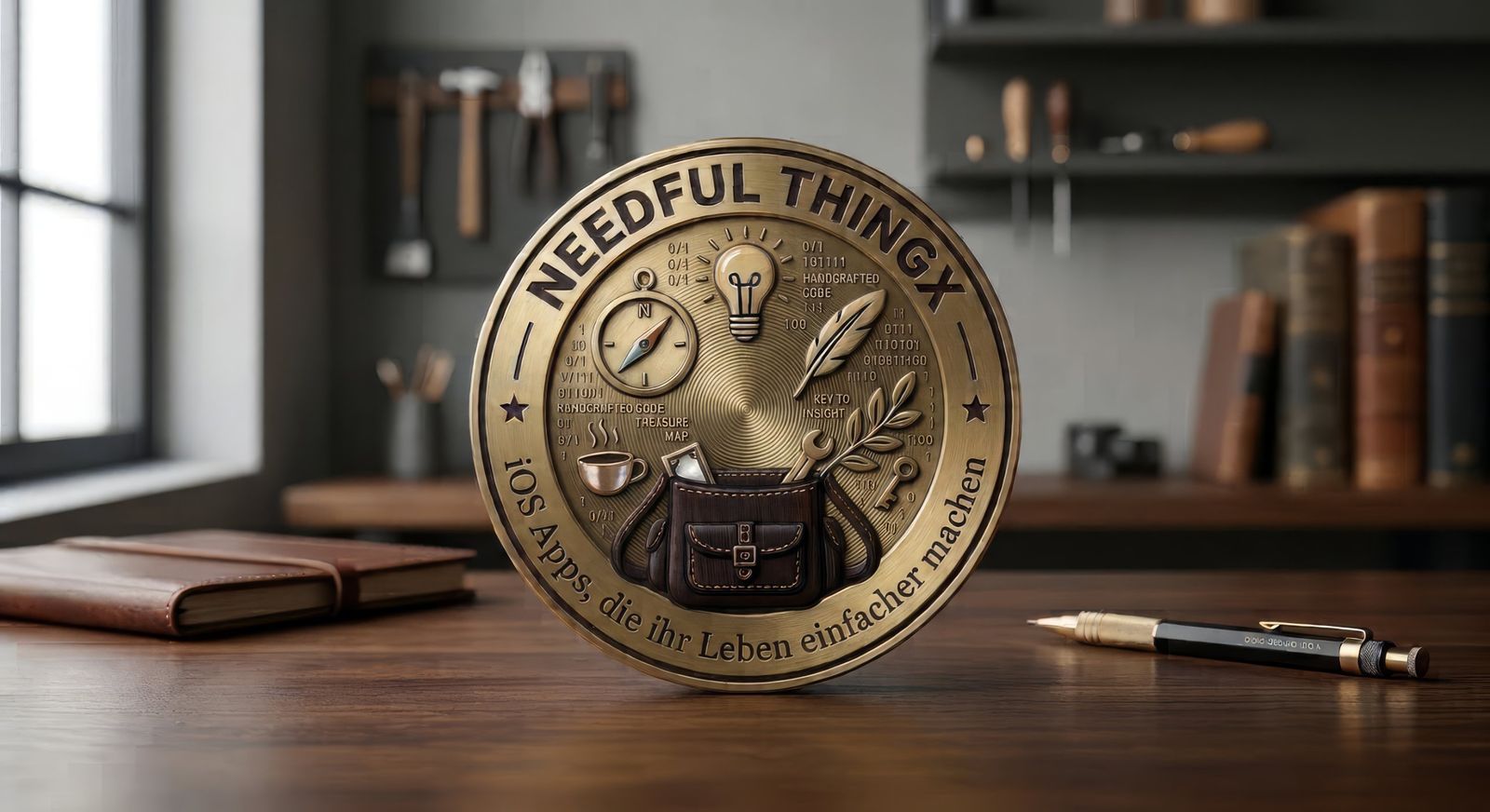 Die Needful-ThingX-Medaille auf einem Holztisch in der Werkstatt